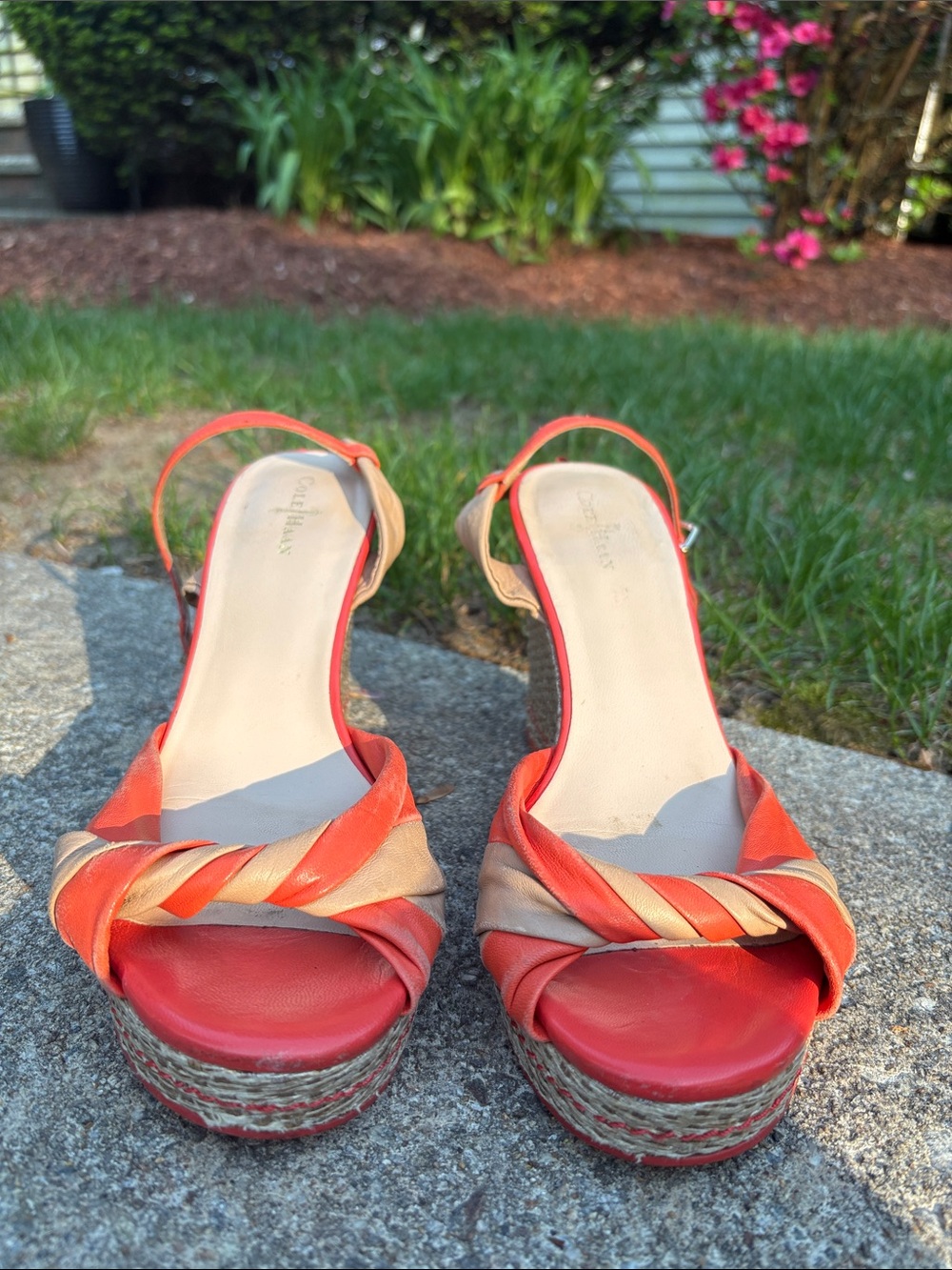 Cole Haan Woven Two-Tone Orange and Beige Slingback Platform Sandals